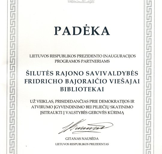 Pirmoji naujojo Prezidento padėka bibliotekai 