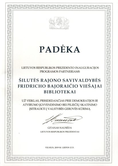 Pirmoji naujojo Prezidento padėka bibliotekai 