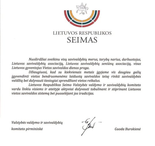 Sveikinimas su Vietos savivaldos diena