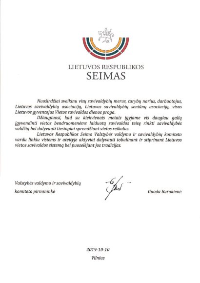 Sveikinimas su Vietos savivaldos diena
