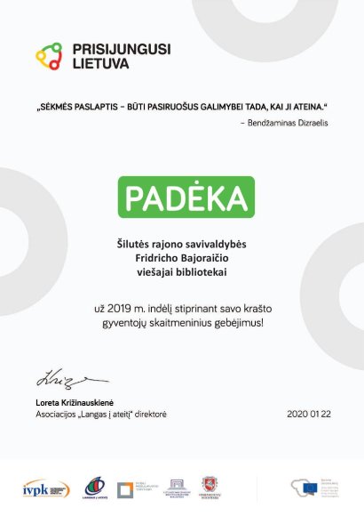 Šilutės bibliotekininkams padėka už sėkmingą gyventojų skaitmeninio raštingumo ugdymą