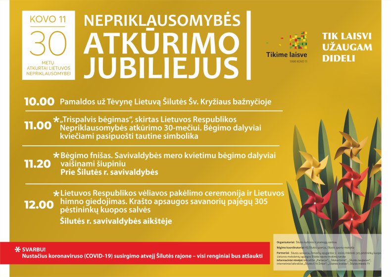 Dėmesio! Keičiasi Lietuvos Nepriklausomybės atkūrimo 30-mečiui skirtų minėjimo renginių Šilutėje...