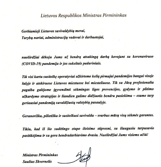 Lietuvos Respublikos Ministro Pirmininko Sauliaus Skvernelio padėka