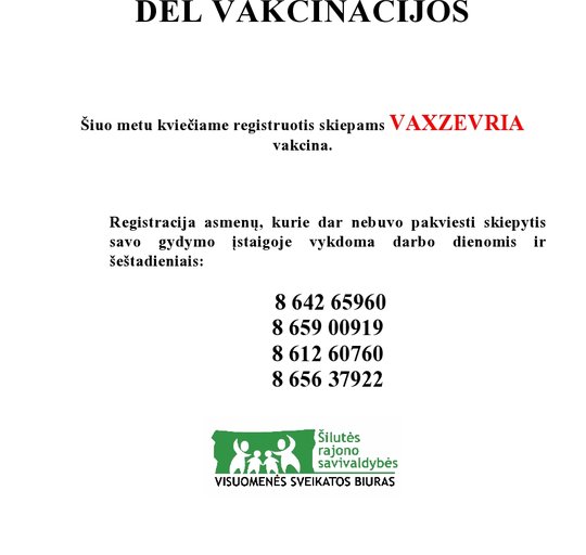 Kviečiame registruotis dėl vakcinacijos