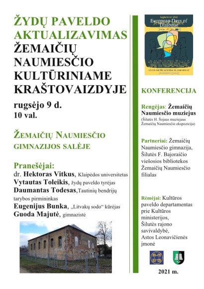 Kvietimas į konferenciją „Žydų paveldo aktualizavimas Žemaičių Naumiesčio kultūriniame...