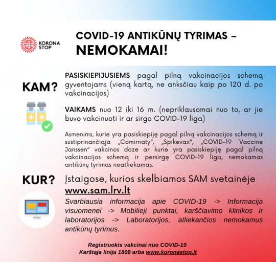 Plečiamas asmenų, galinčių atlikti nemokamą antikūnų tyrimą, sąrašas 