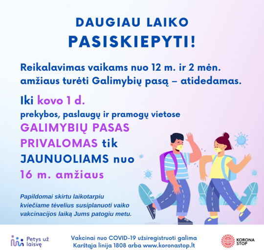 Vaikams – daugiau laiko pasiskiepyti nuo COVID-19, Ministerija ragina nedelsti