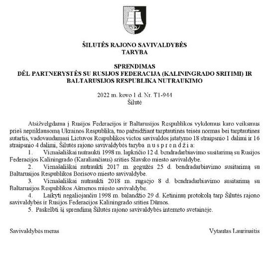 Nutrauktas bendradarbiavimas su Rusijos ir Baltarusijos miestais