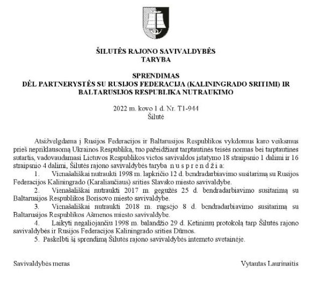 Nutrauktas bendradarbiavimas su Rusijos ir Baltarusijos miestais