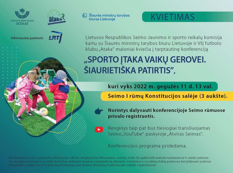 Kvietimas dalyvauti tarptautinėje konferencijoje „Sporto įtaka vaikų gerovei. Šiaurietiška patirtis“