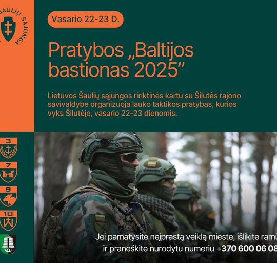 Gyventojų dėmesiui: Šilutėje vyks lauko taktikos pratybos ,,Baltijos bastionas 2025”