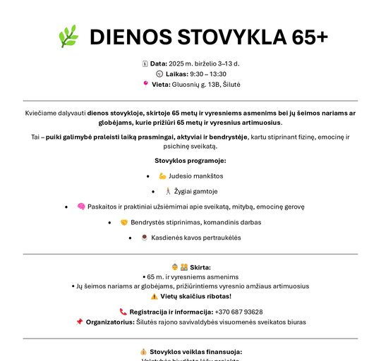 Kviečia į nemokamą dienos stovyklą 65+