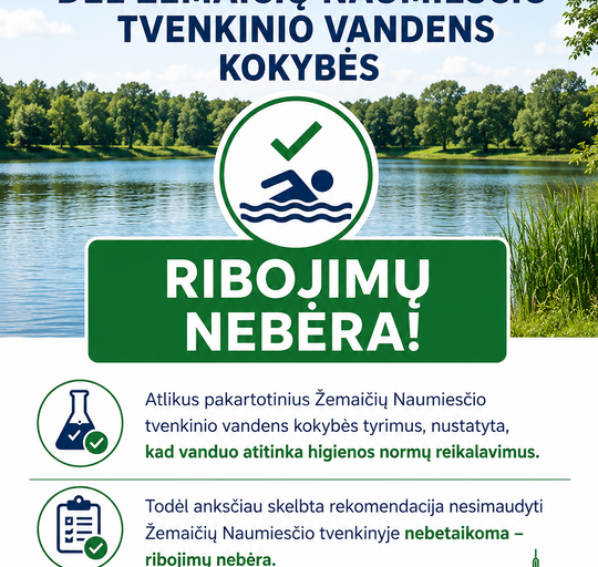 Atnaujinta informacija dėl Žemaičių Naumiesčio tvenkinio vandens kokybės