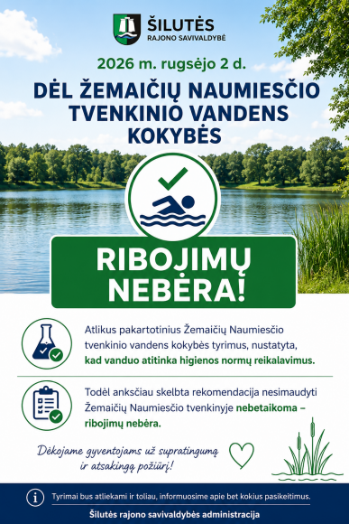 Atnaujinta informacija dėl Žemaičių Naumiesčio tvenkinio vandens kokybės