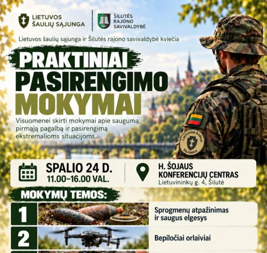 Spalio 24 d. Šilutėje vyks nemokami Lietuvos šaulių sąjungos mokymai