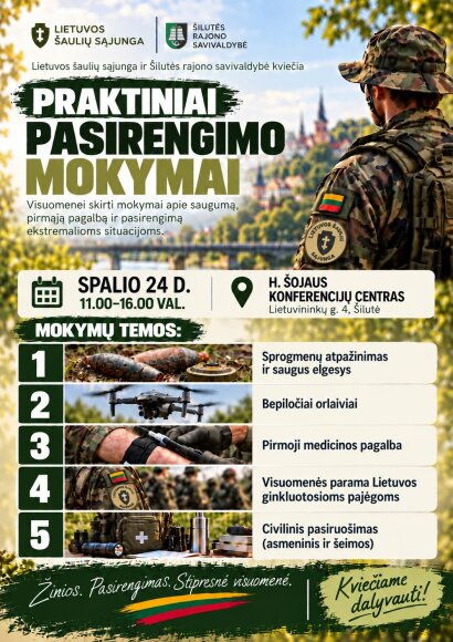 Spalio 24 d. Šilutėje vyks nemokami Lietuvos šaulių sąjungos mokymai